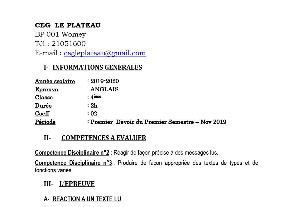 Aperçu de la première page — 4e Anglais 1er Devoir 1er Semestre CEG Le Plateau 2019 2020