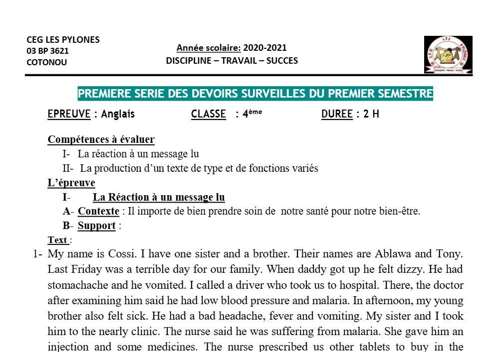 Aperçu de la première page — 4e Anglais 1er Devoir 1er Semestre CEG Les Pylônes 2020 2021