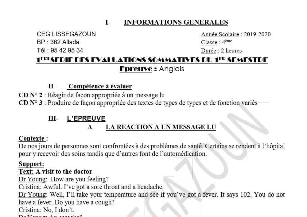 Aperçu de la première page — 4e Anglais 1er Devoir 1er Semestre CEG Lissegbazoun 2019 2020