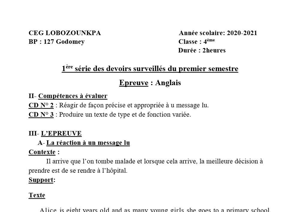 Aperçu de la première page — 4e Anglais 1er Devoir 1er Semestre CEG Lobozounkpa 2020 2021