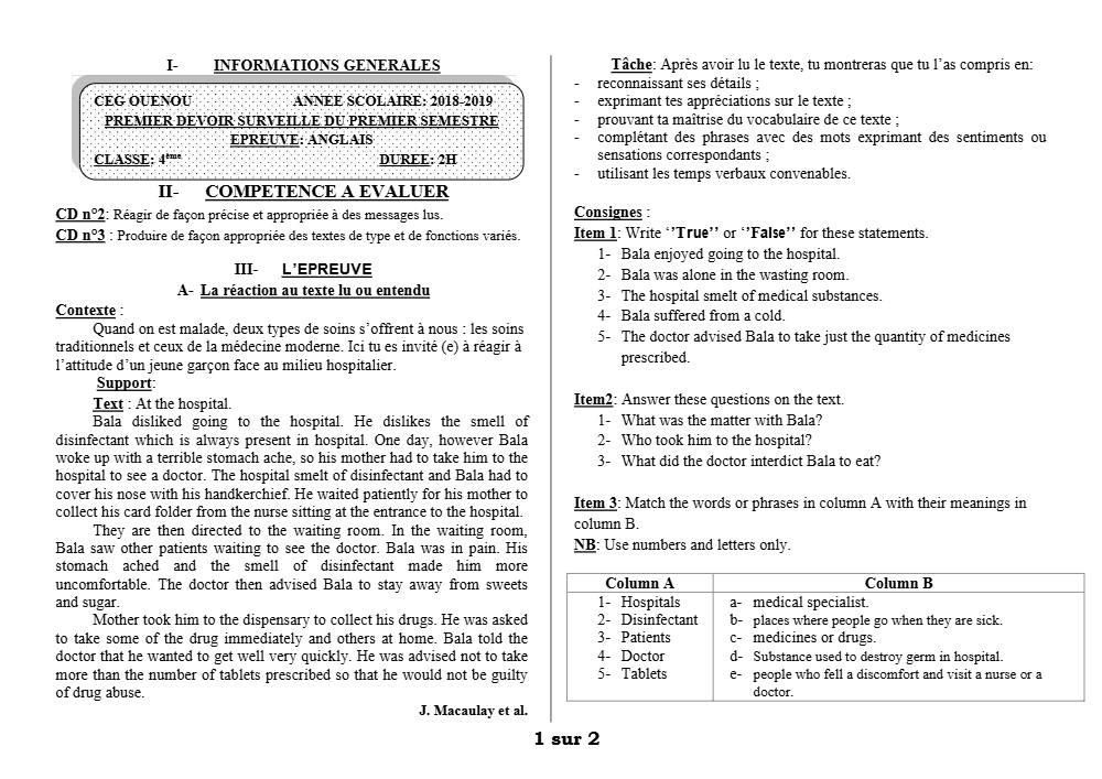 Aperçu de la première page — 4e Anglais 1er Devoir 1er Semestre CEG Ouenou 2018 2019