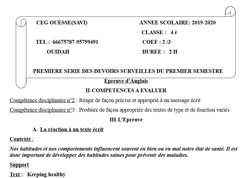 Aperçu de la première page — 4e Anglais 1er Devoir 1er Semestre CEG Ouesse 2019 2020