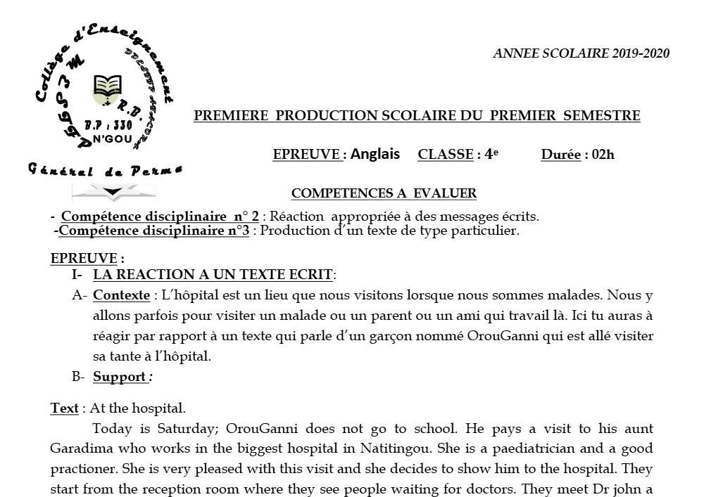 Aperçu de la première page — 4e Anglais 1er Devoir 1er Semestre CEG Perma 2019 2020