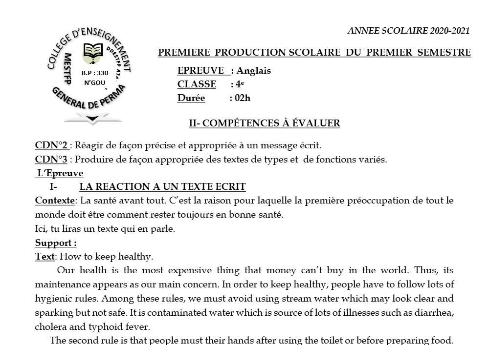Aperçu de la première page — 4e Anglais 1er Devoir 1er Semestre CEG Perma 2020 2021