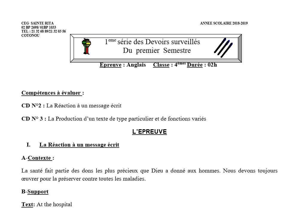 Aperçu de la première page — 4e Anglais 1er Devoir 1er Semestre CEG Sainte Rita 2018 2019