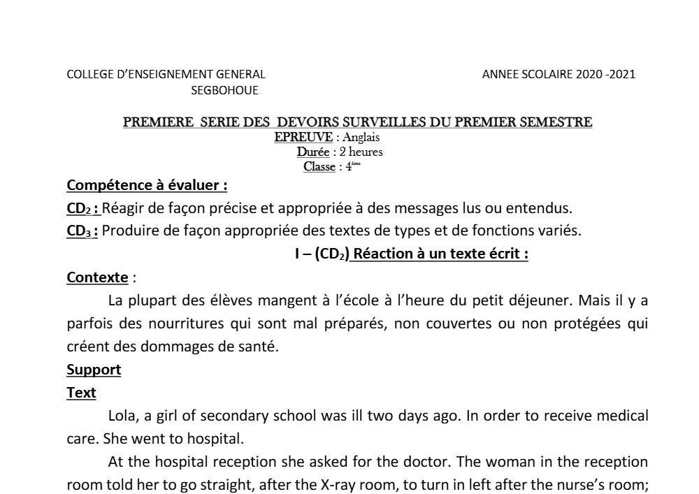 Aperçu de la première page — 4e Anglais 1er Devoir 1er Semestre CEG Segbohoue 2020 2021