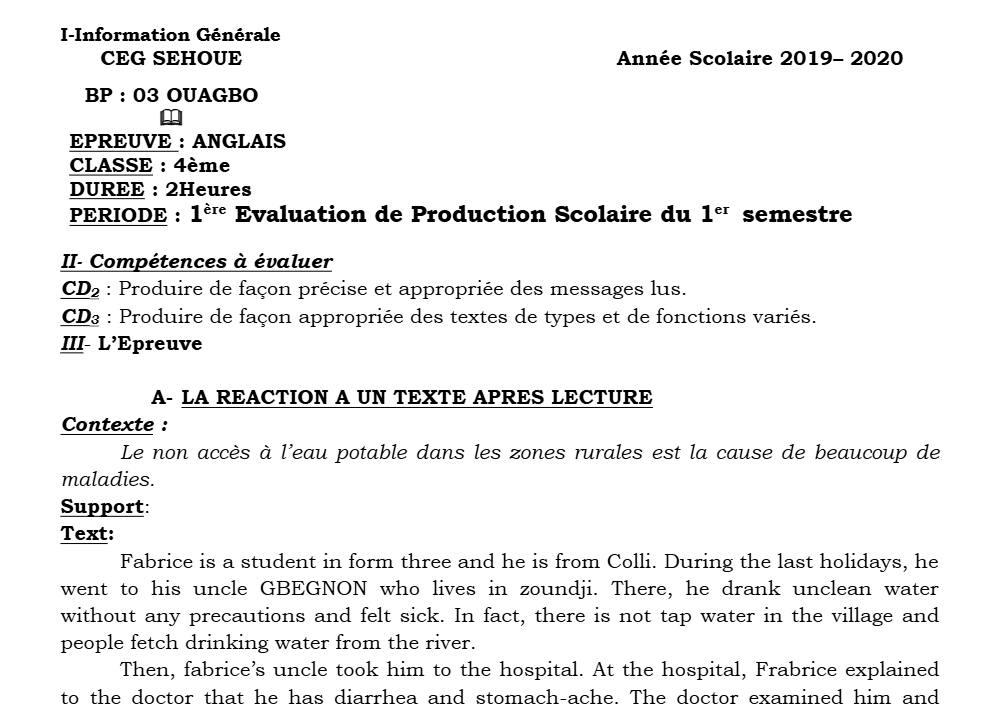 Aperçu de la première page — 4e Anglais 1er Devoir 1er Semestre CEG Sehoue 2019 2020