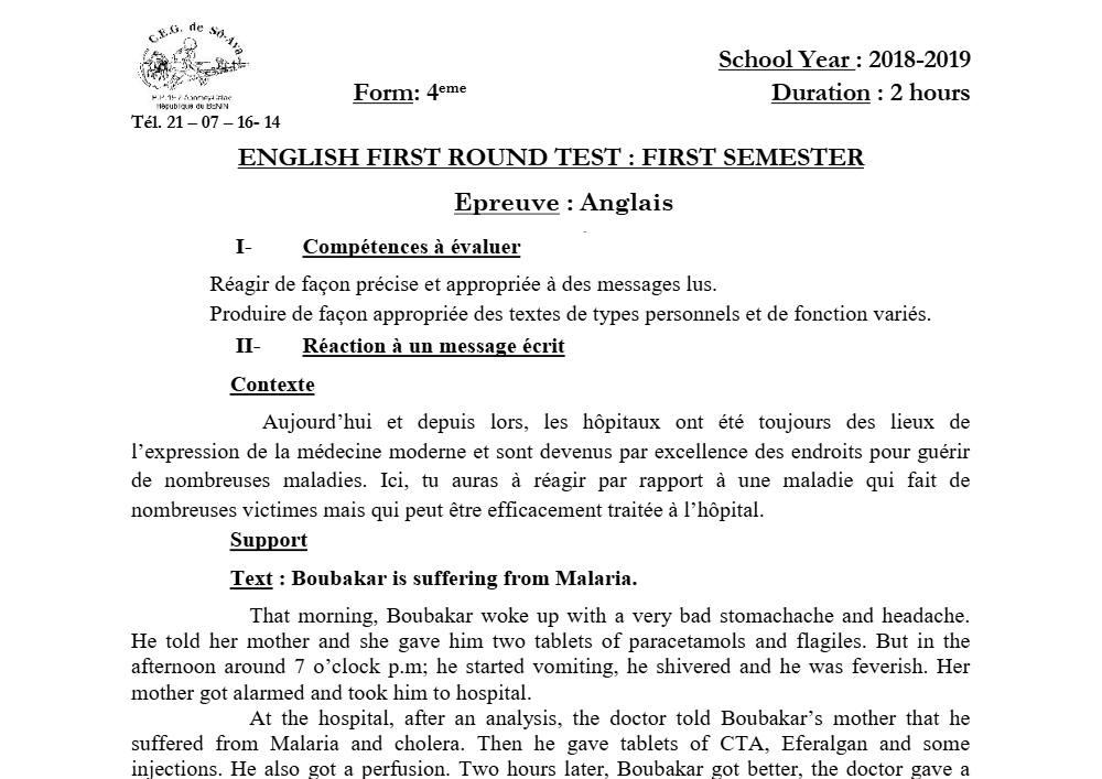 Aperçu de la première page — 4e Anglais 1er Devoir 1er Semestre CEG So Ava 2018 2019