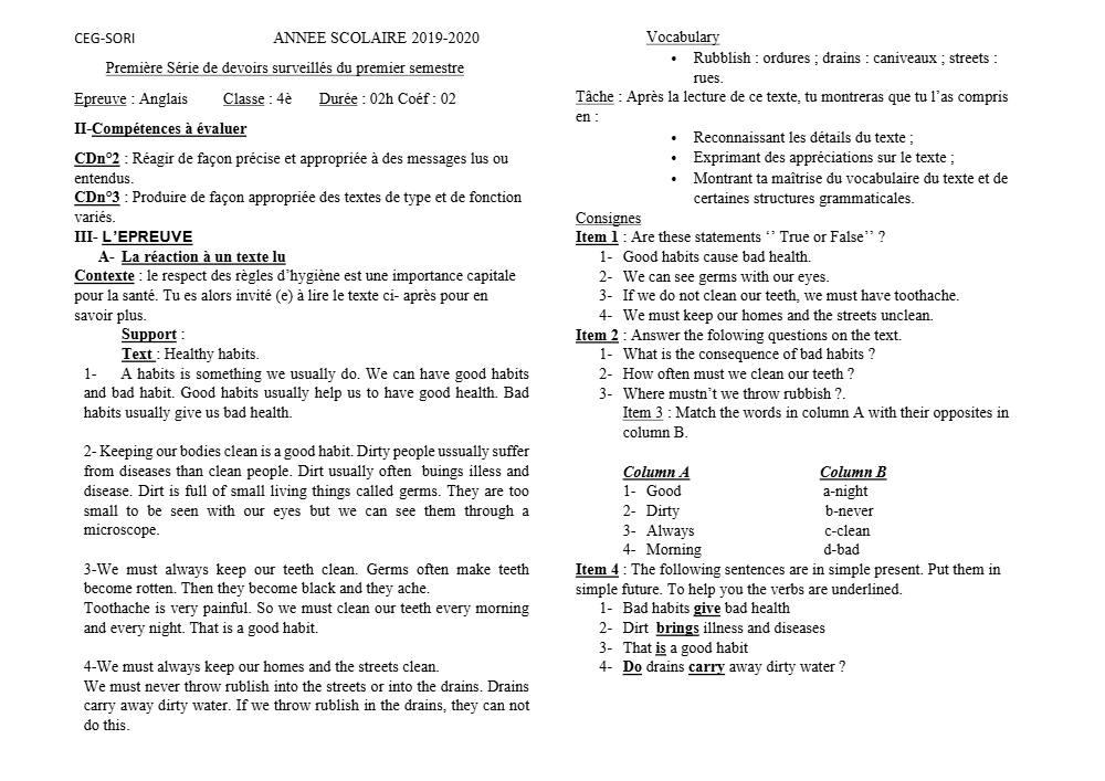 Aperçu de la première page — 4e Anglais 1er Devoir 1er Semestre CEG Sori 2019 2020