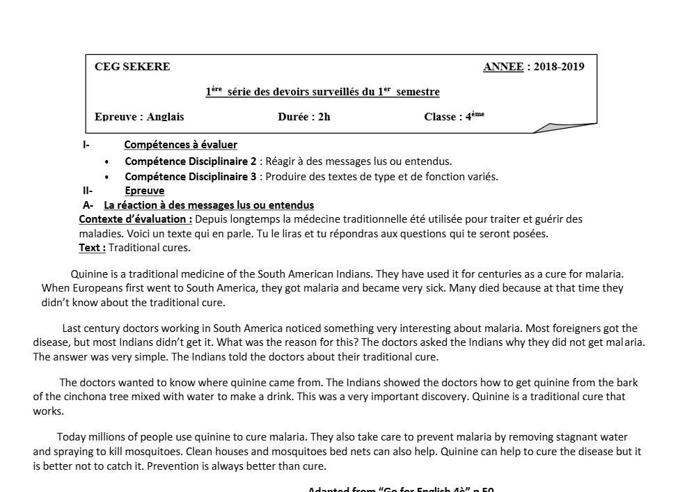 Aperçu de la première page — 4e Anglais 1er Devoir 1er Semestre CEG Sékéré 2018 2019