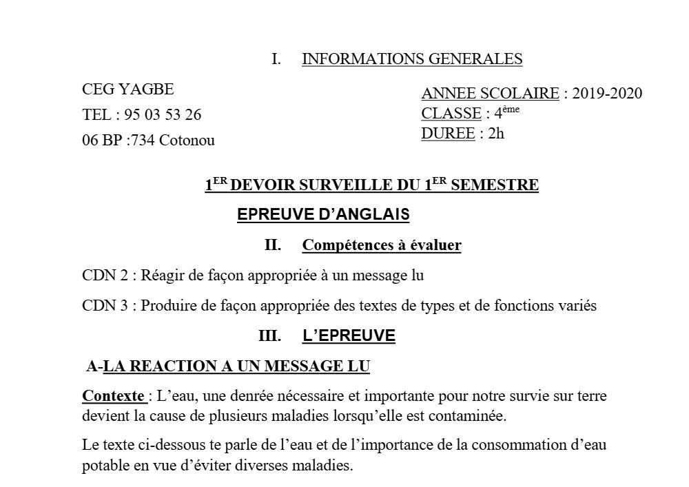 Aperçu de la première page — 4e Anglais 1er Devoir 1er Semestre CEG Yagbe 2019 2020