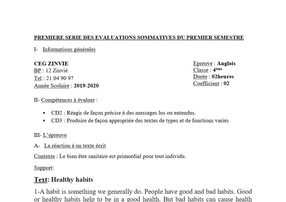 Aperçu de la première page — 4e Anglais 1er Devoir 1er Semestre CEG Zinvié 2019 2020