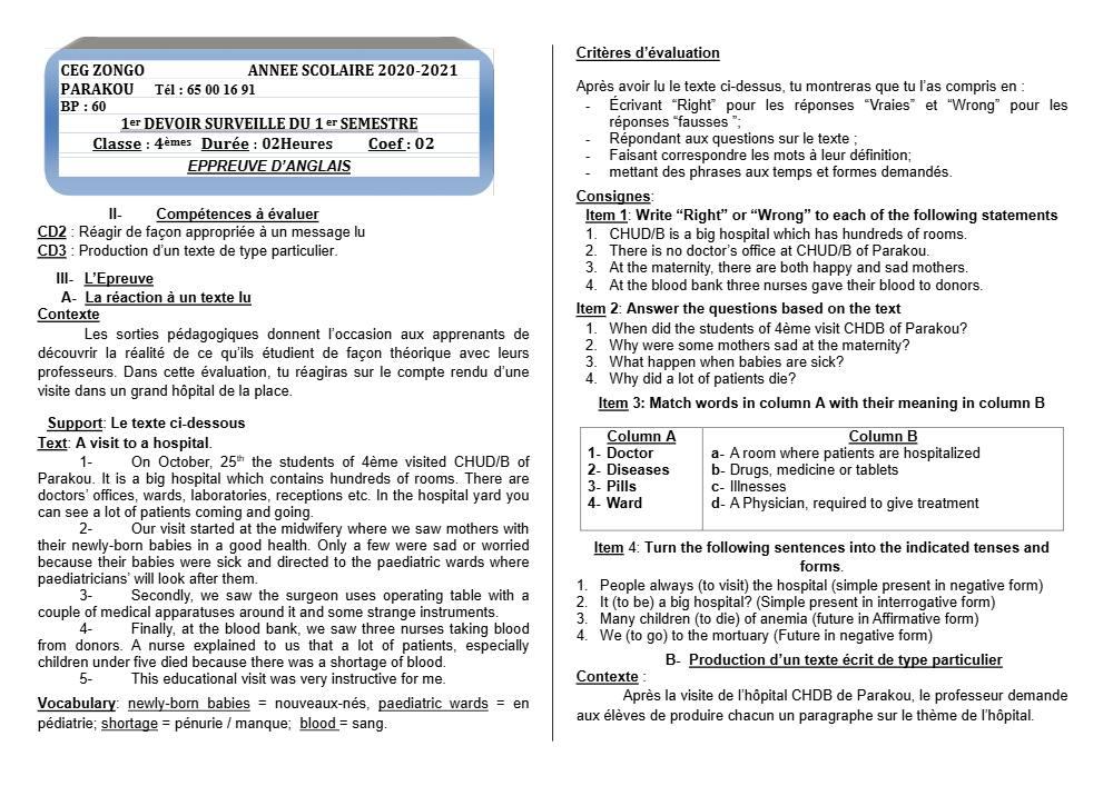 Aperçu de la première page — 4e Anglais 1er Devoir 1er Semestre CEG Zongo 2020 2021