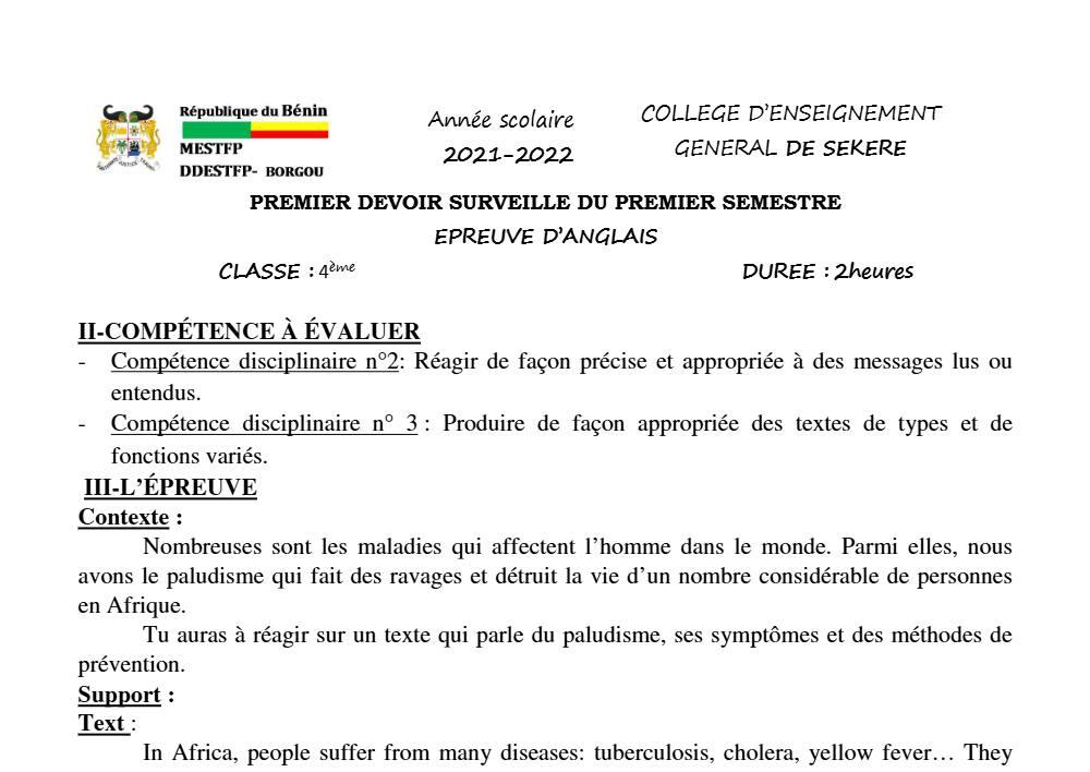 Aperçu de la première page — 4e Anglais 1er Devoir 1er Semestre Collège D'Enseignement de Sékéré 2021 2022