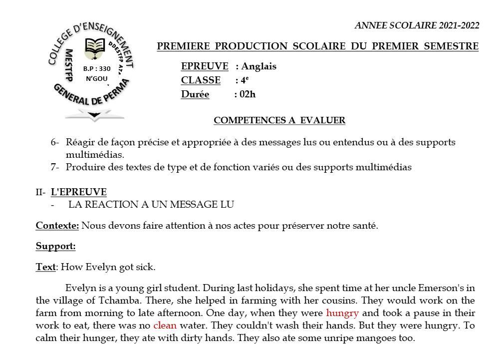 Aperçu de la première page — 4e Anglais 1er Devoir 1er Semestre Collège D'Enseignement Général de Perma 2021 2022