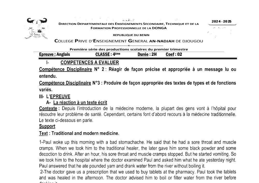 Aperçu de la première page — 4e Anglais 1er Devoir 1er Trimestre CPEG An Nadjah Djougou 2024