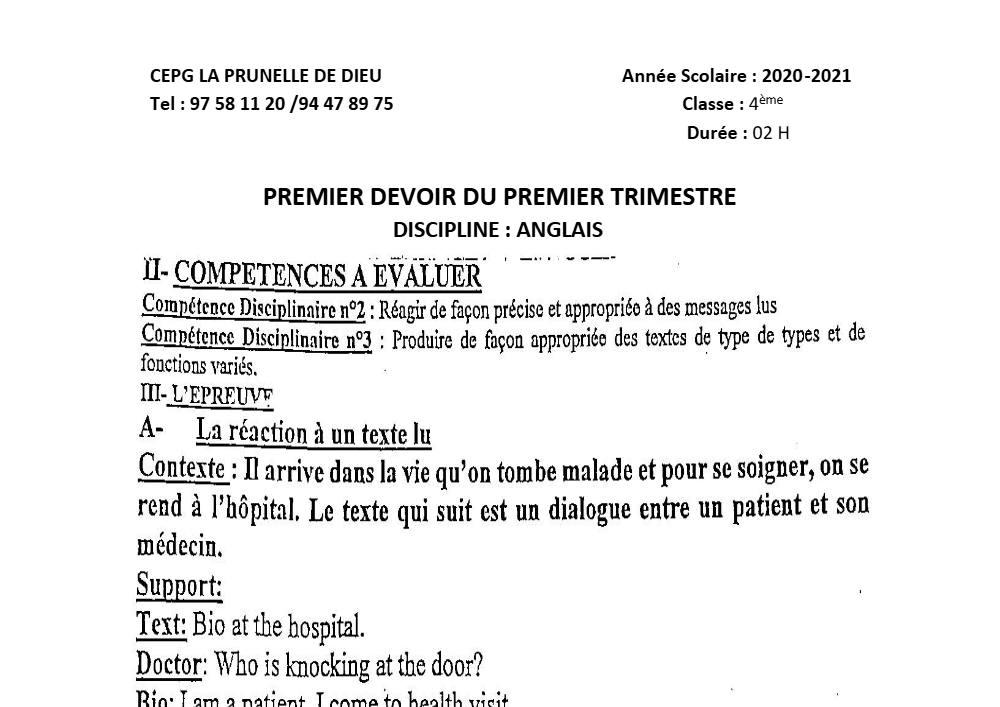 Aperçu de la première page — 4e Anglais 1er Devoir 1er Trimestre CPEG La Prunelle de Dieu 2020 2021