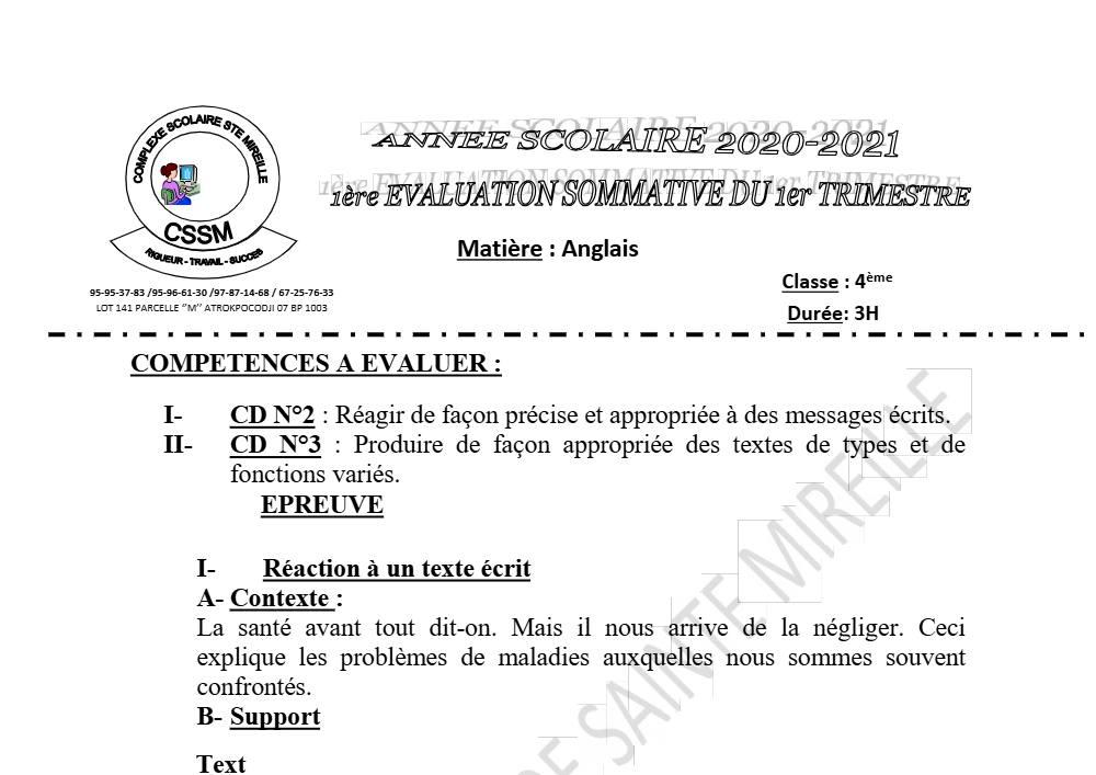 Aperçu de la première page — 4e Anglais 1er Devoir 1er Trimestre CPEG Sainte Mireille 2021 2022