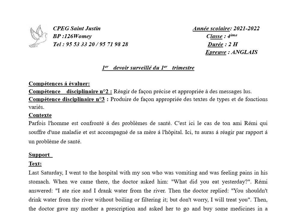 Aperçu de la première page — 4e Anglais 1er Devoir 1er Trimestre CPEG Saint Justin 2021 2022