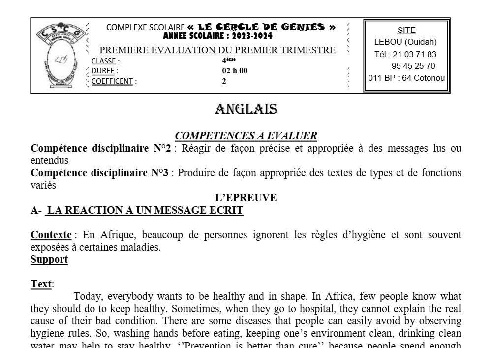 Aperçu de la première page — 4e Anglais 1er Devoir 1er Trimestre CP Le Cercle de Genies 2023 2024