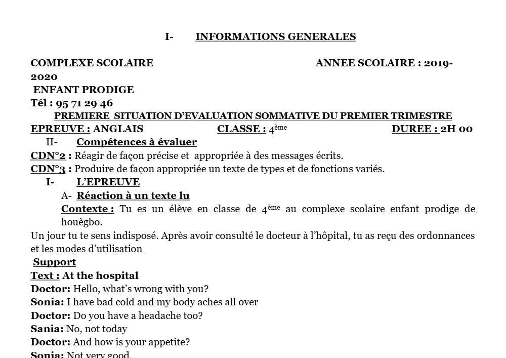 Aperçu de la première page — 4e Anglais 1er Devoir 1er Trimestre CS Enfant Prodige 2019 2020