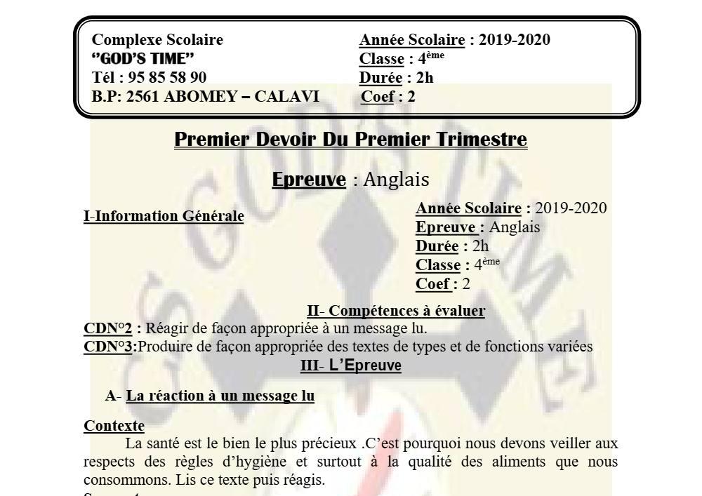 Aperçu de la première page — 4e Anglais 1er Devoir 1er Trimestre CS God'S Time 2019 2020 (2)
