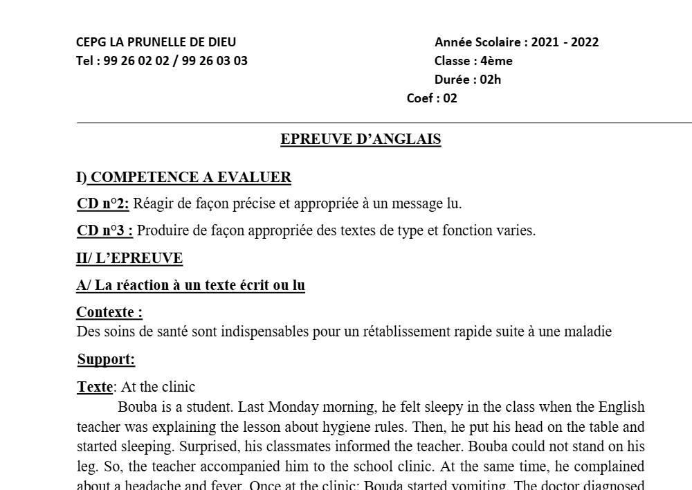 Aperçu de la première page — 4e Anglais 1er Devoir 1er Trimestre CS La Prunelle de Dieu 2021 2022