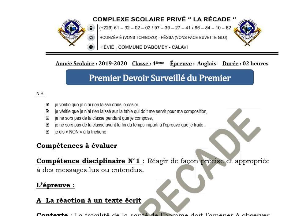 Aperçu de la première page — 4e Anglais 1er Devoir 1er Trimestre CS La Recade 2019 2020