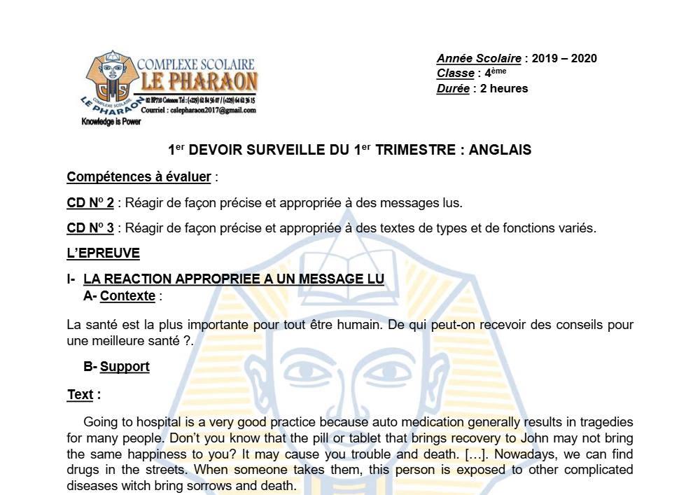 Aperçu de la première page — 4e Anglais 1er Devoir 1er Trimestre CS Le Pharaon 2019 2020