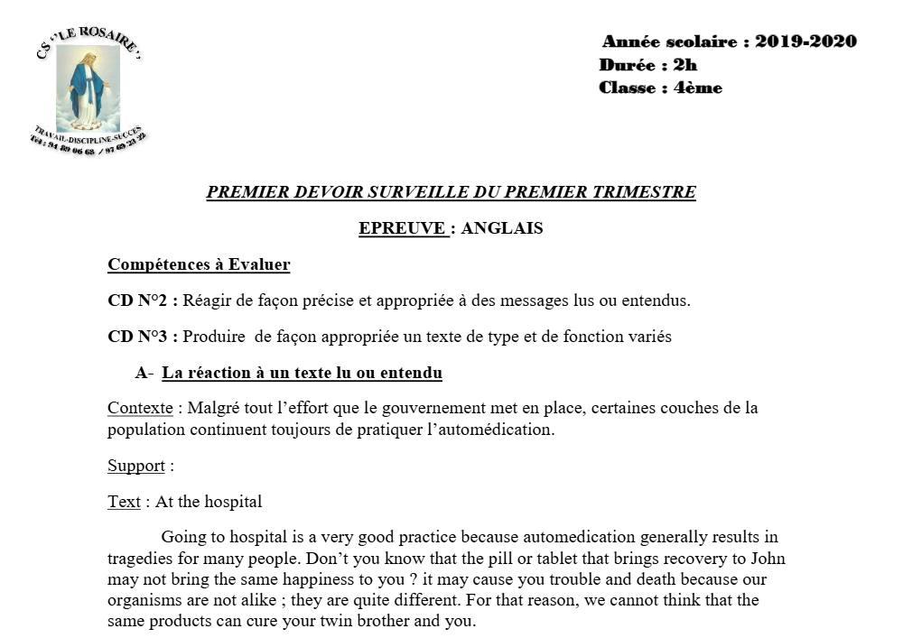 Aperçu de la première page — 4e Anglais 1er Devoir 1er Trimestre CS Le Rosaire 2019 2020