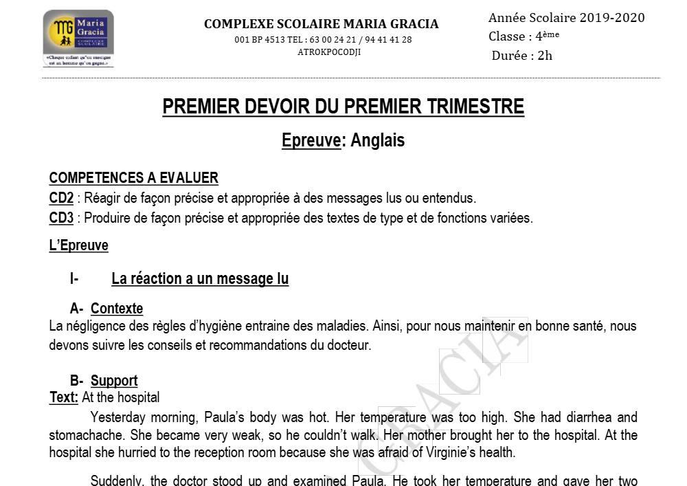 Aperçu de la première page — 4e Anglais 1er Devoir 1er Trimestre CS Maria Gracia 2019 2020
