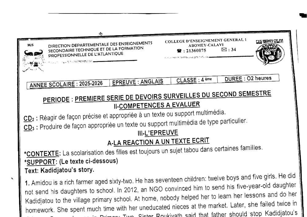 Aperçu de la première page — 4e Anglais 1er Devoir 2ème Semestre CEG 1 Abomey Calavi 2025 2026