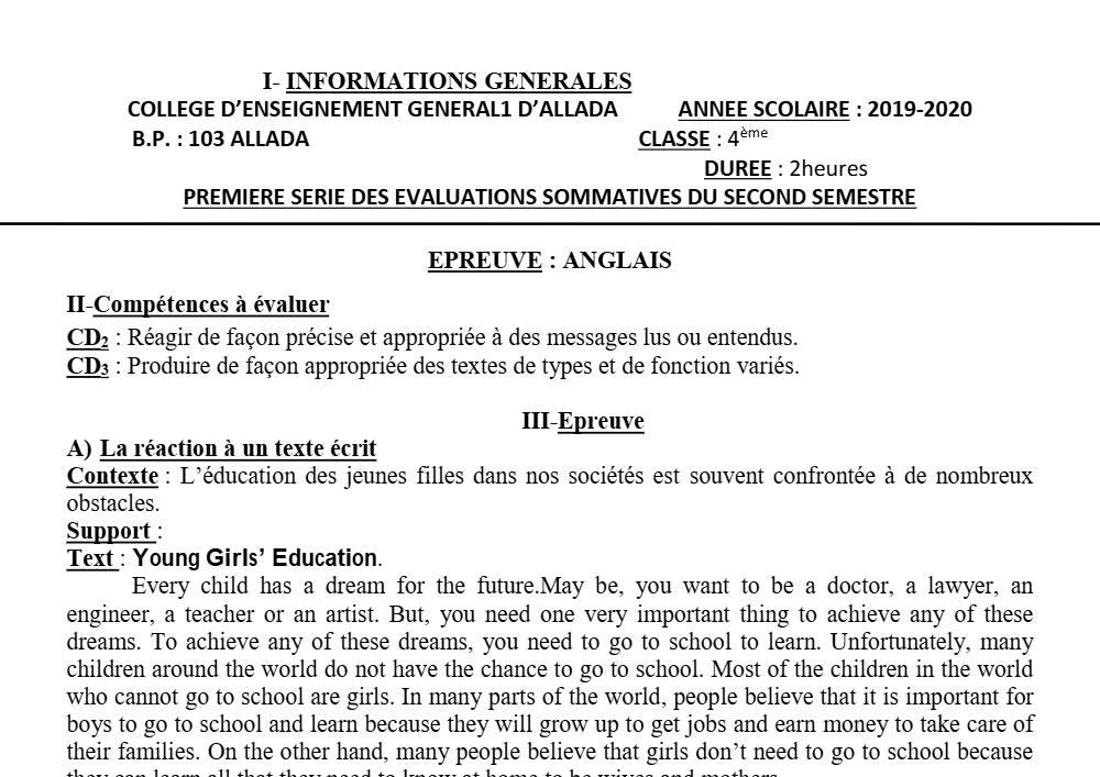 Aperçu de la première page — 4e Anglais 1er Devoir 2ème Semestre CEG1 Allada 2019 2020