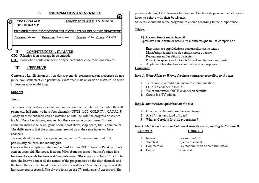 Aperçu de la première page — 4e Anglais 1er Devoir 2ème Semestre CEG1 Kalalé 2018 2019