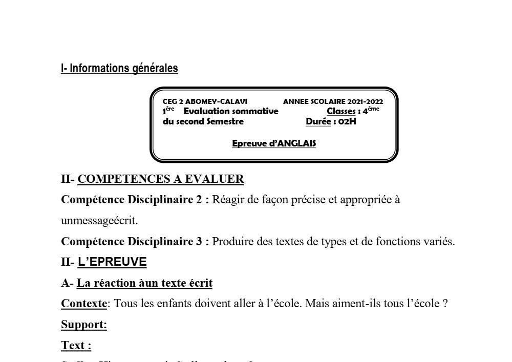 Aperçu de la première page — 4e Anglais 1er Devoir 2ème Semestre CEG2 Abomey Calavi 2021 2022