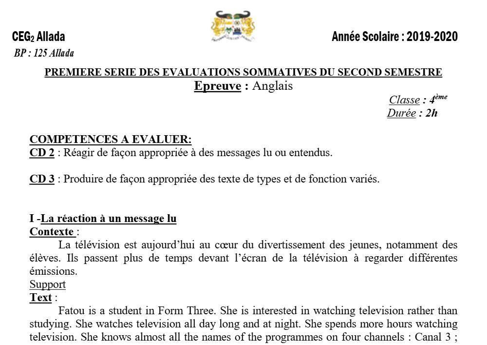 Aperçu de la première page — 4e Anglais 1er Devoir 2ème Semestre CEG2 Allada 2019 2020