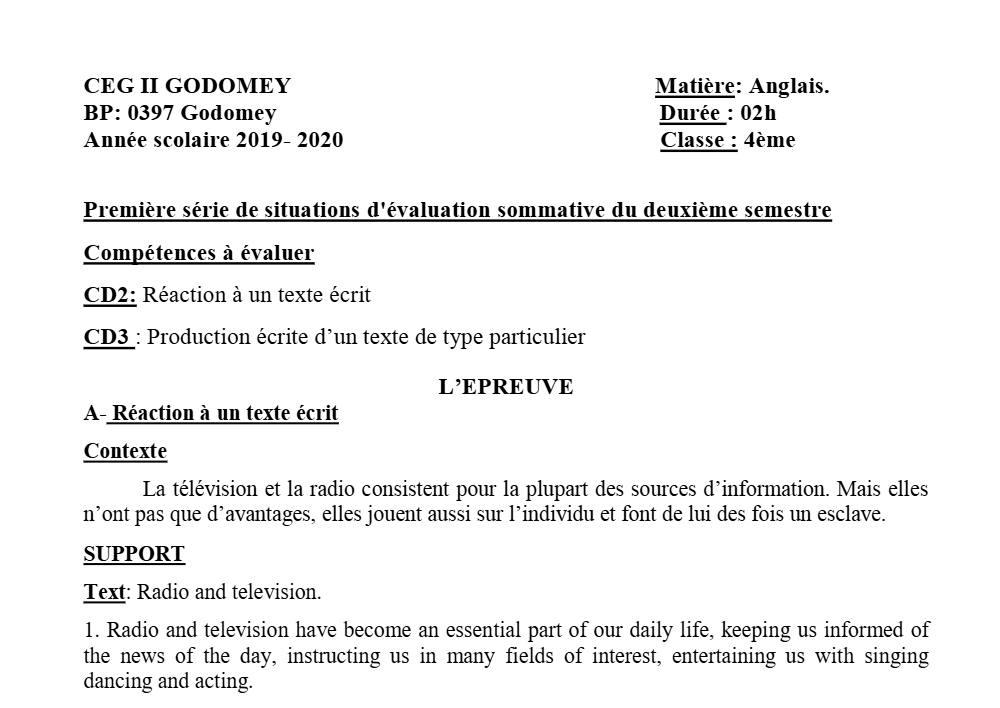 Aperçu de la première page — 4e Anglais 1er Devoir 2ème Semestre CEG2 Godomey 2019 2020