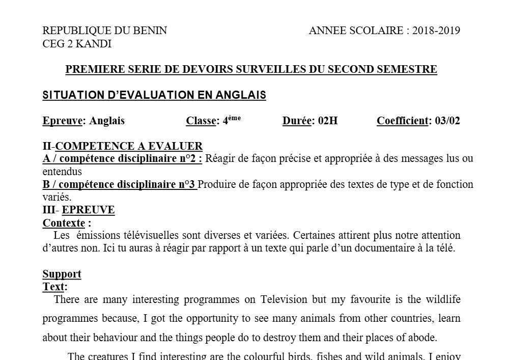 Aperçu de la première page — 4e Anglais 1er Devoir 2ème Semestre CEG2 Kandi 2018 2019