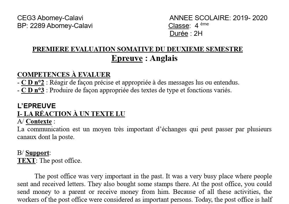 Aperçu de la première page — 4e Anglais 1er Devoir 2ème Semestre CEG3 Abomey Calavi 2019 2020