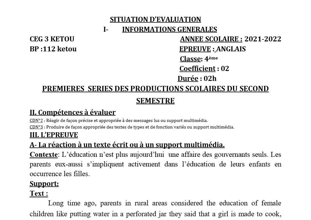 Aperçu de la première page — 4e Anglais 1er Devoir 2ème Semestre CEG3 Ketou 2021 2022
