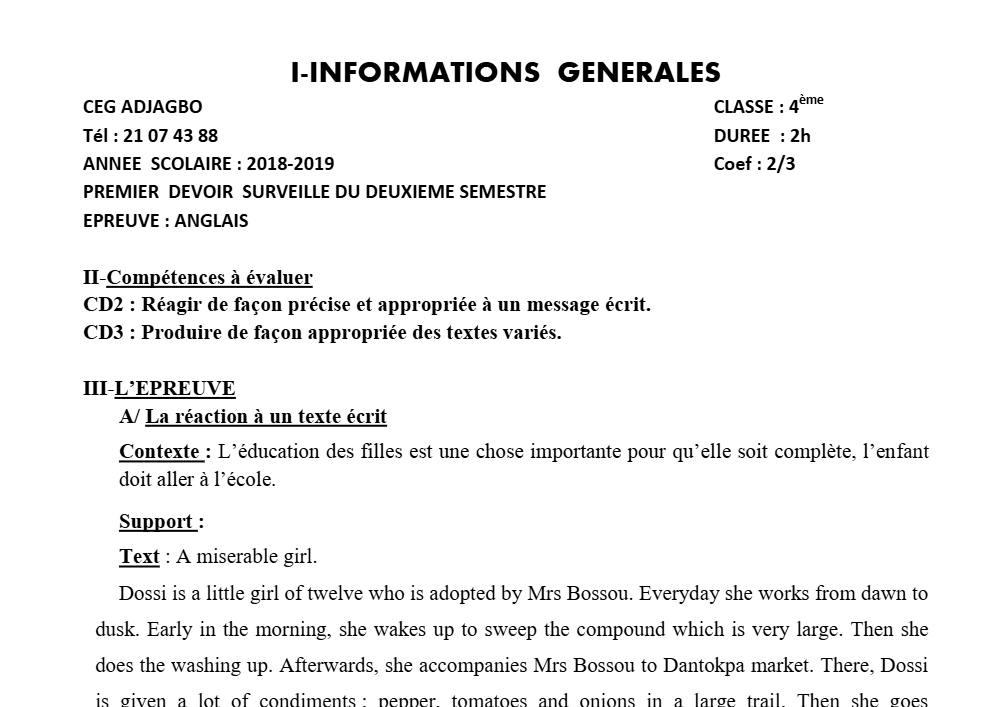 Aperçu de la première page — 4e Anglais 1er Devoir 2ème Semestre CEG Adjagbo 2018 2019