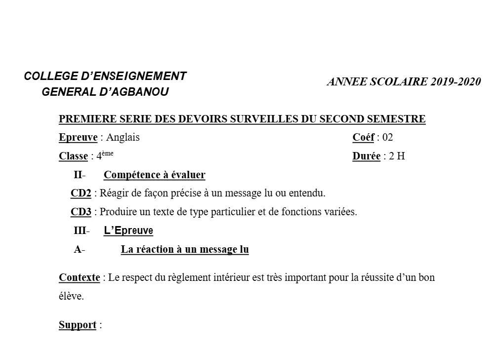 Aperçu de la première page — 4e Anglais 1er Devoir 2ème Semestre CEG Agbanou 2019 2020