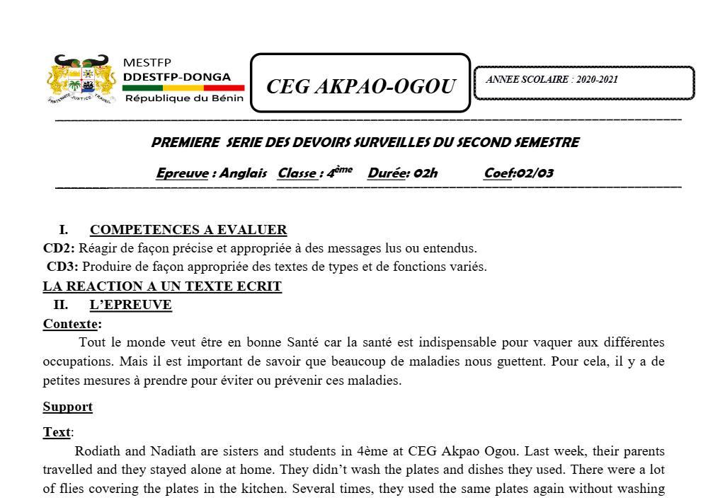 Aperçu de la première page — 4e Anglais 1er Devoir 2ème Semestre CEG Akpao Ogou 2020 2021