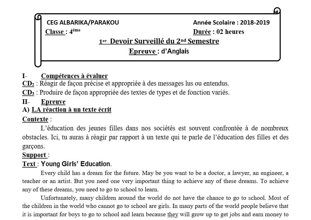 Aperçu de la première page — 4e Anglais 1er Devoir 2ème Semestre CEG Albarika 2018 2019