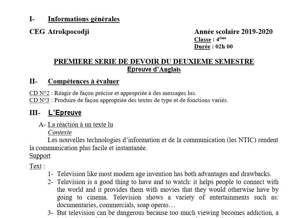 Aperçu de la première page — 4e Anglais 1er Devoir 2ème Semestre CEG Atrokpocodji 2019 2020