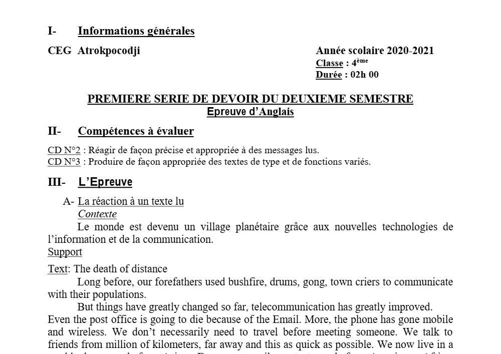 Aperçu de la première page — 4e Anglais 1er Devoir 2ème Semestre CEG Atrokpocodji 2020 2021