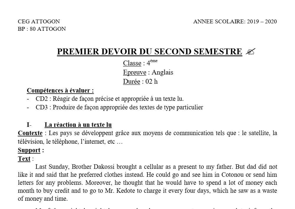 Aperçu de la première page — 4e Anglais 1er Devoir 2ème Semestre CEG Attogon 2019 2020