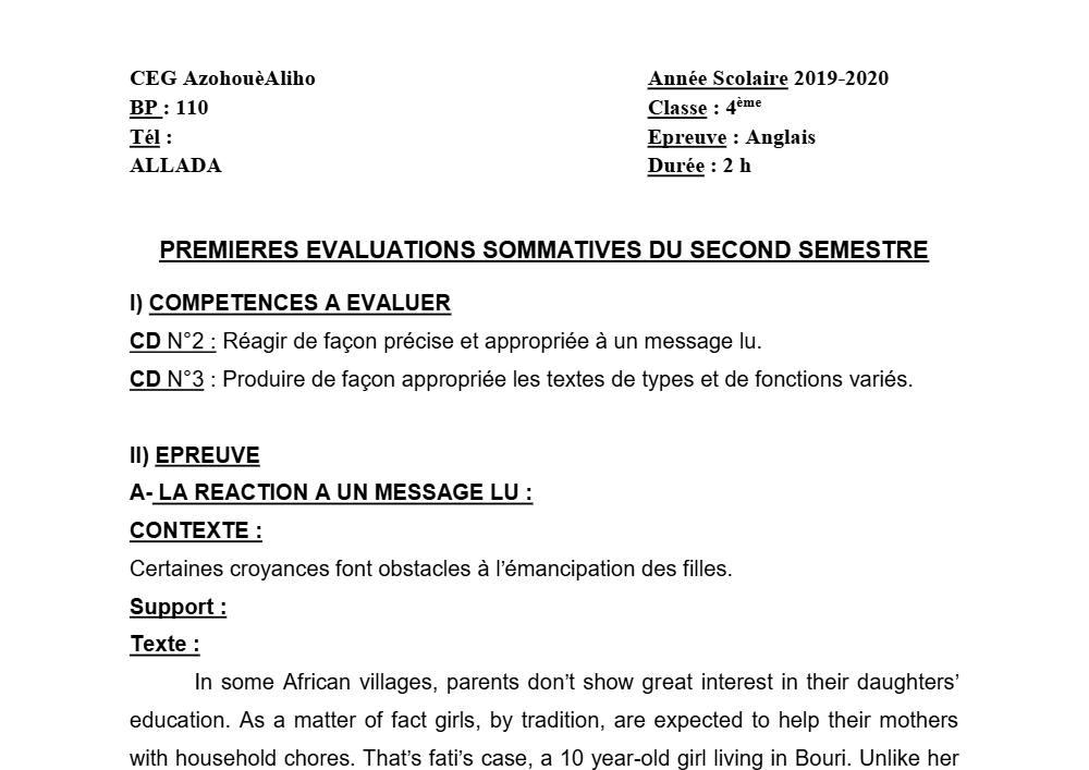Aperçu de la première page — 4e Anglais 1er Devoir 2ème Semestre CEG Azohoue Aliho 2019 2020