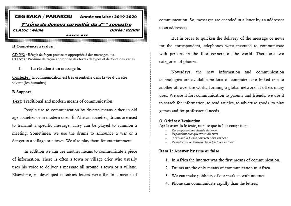 Aperçu de la première page — 4e Anglais 1er Devoir 2ème Semestre CEG Baka 2019 2020