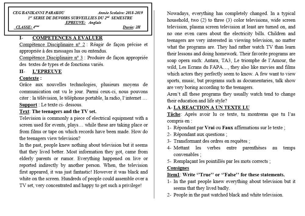 Aperçu de la première page — 4e Anglais 1er Devoir 2ème Semestre CEG Banikanni 2018 2019